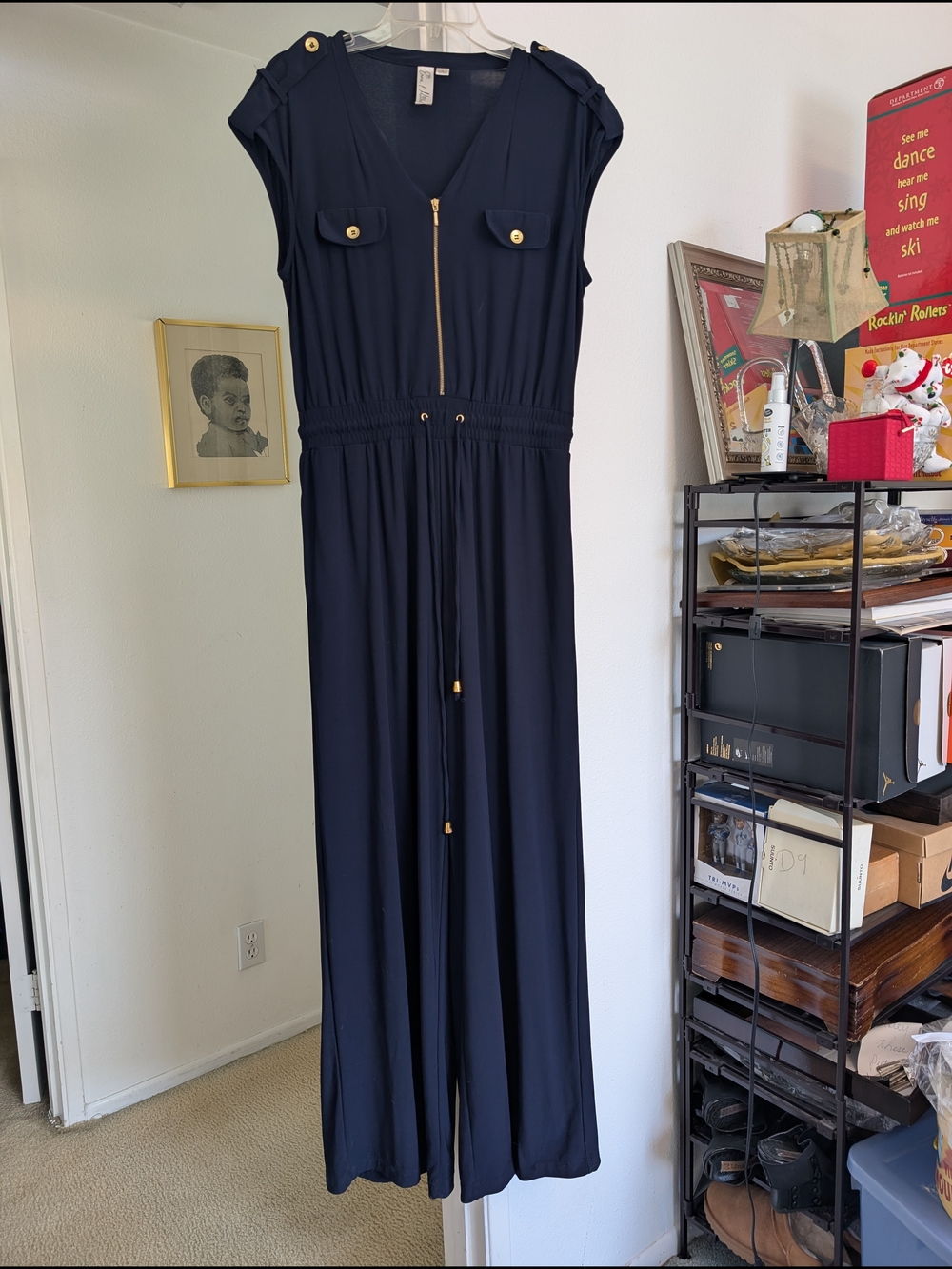 Emma & Michele Navy Sleeveless Jumpsuit with Gold Trim